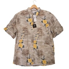 Pierre Cardin Sport Shirt Mens XL Tan New Tropical Floral Rayon Vintage