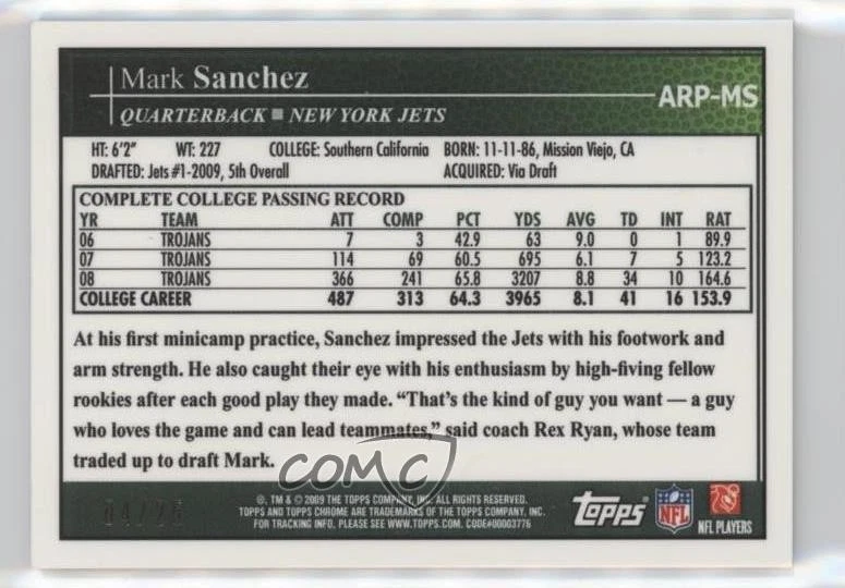 2009 Topps Chrome Rookie Refractor /25 Mark Sanchez #ARP-MS RPA Patch Auto RC - Image 2 of 2