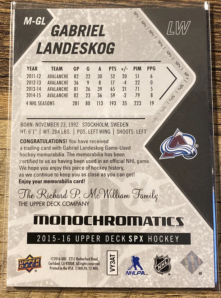 2015-16 SPx Monochromatics #MGL Gabriel Landeskog JERSEY - Image 2 of 2