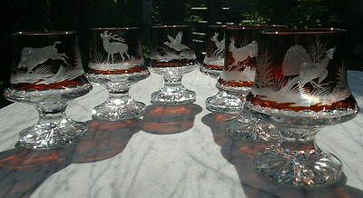 Vintage Bohemian Moser gravierte Brandy Gläser ~ Jagd ~ Spielmotiv ~ 6er Set ~ 300ml