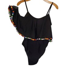 Boohoo Maternity Black One Piece Swimsuit Cold Shoulder Poms Size 10