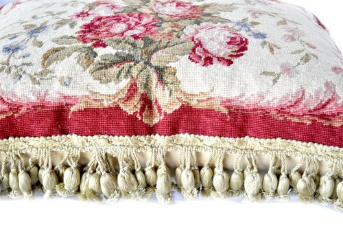 Wool Needlepoint Throw Pillow Cover Handmade Rose Bouquet Scrolls Cushion 16x20 - Picture 6 of 11