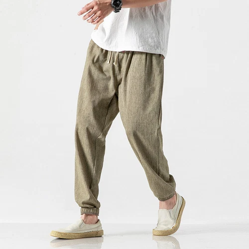 Pantalon décontracté homme coton lin taille élastique neuf japonais à la collections mode//-