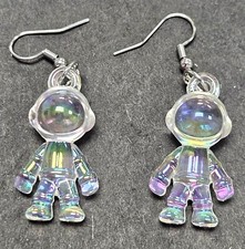 IRIDESCENT GLASS ASTRONAUT EARRINGS SILVER PLATED HOOKS SPACE SHUTTLE MAN WOMAN