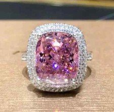 3 Ct Lab Created Pink Sapphire  Diamond Halo Wedding Ring 14K White Gold Plated