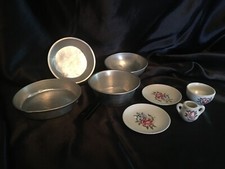 Vintage 1960s Lot Japan Porcelain Toy Child Dishes  Aluminum Pot Pans Bowl