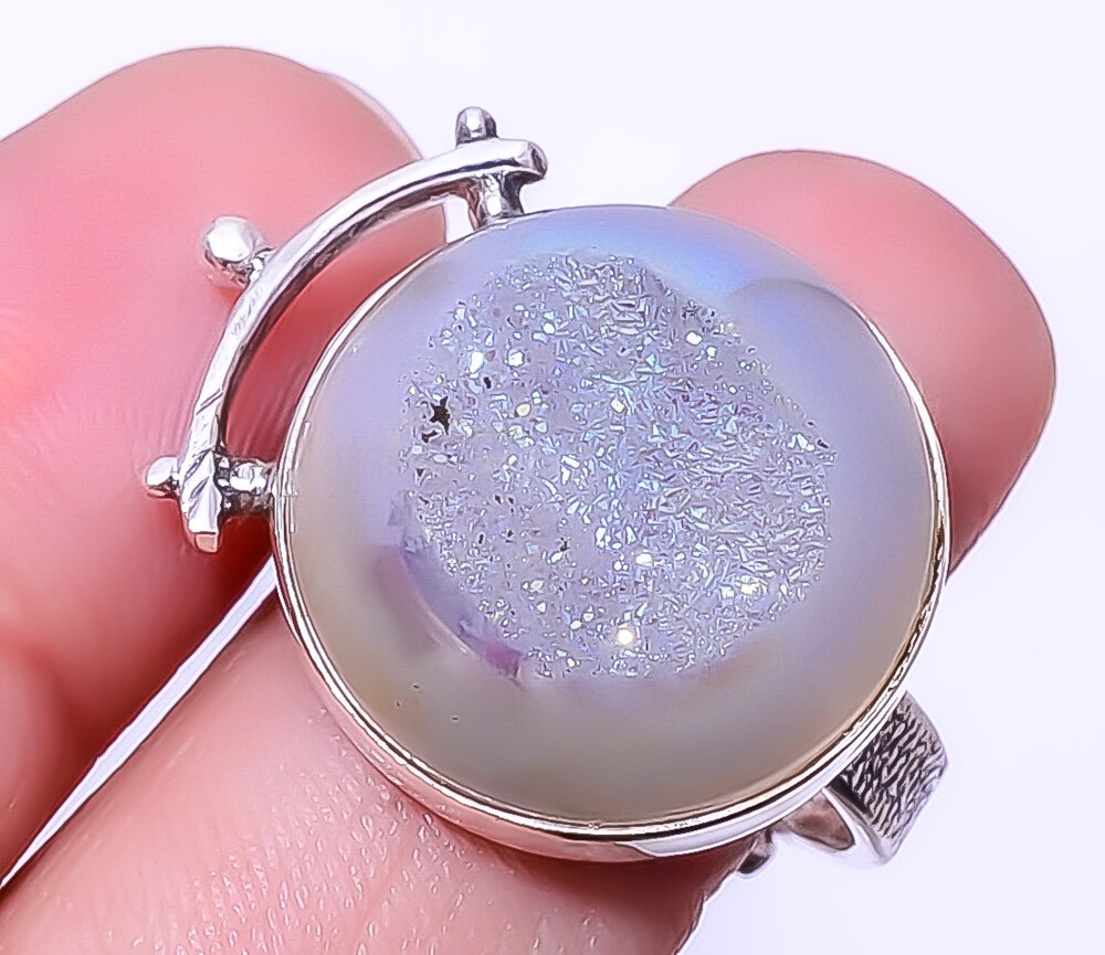 Titanium Opalite Agate Drusy Gemstone 925 Sterling Silver Ring Adjustable (R61)