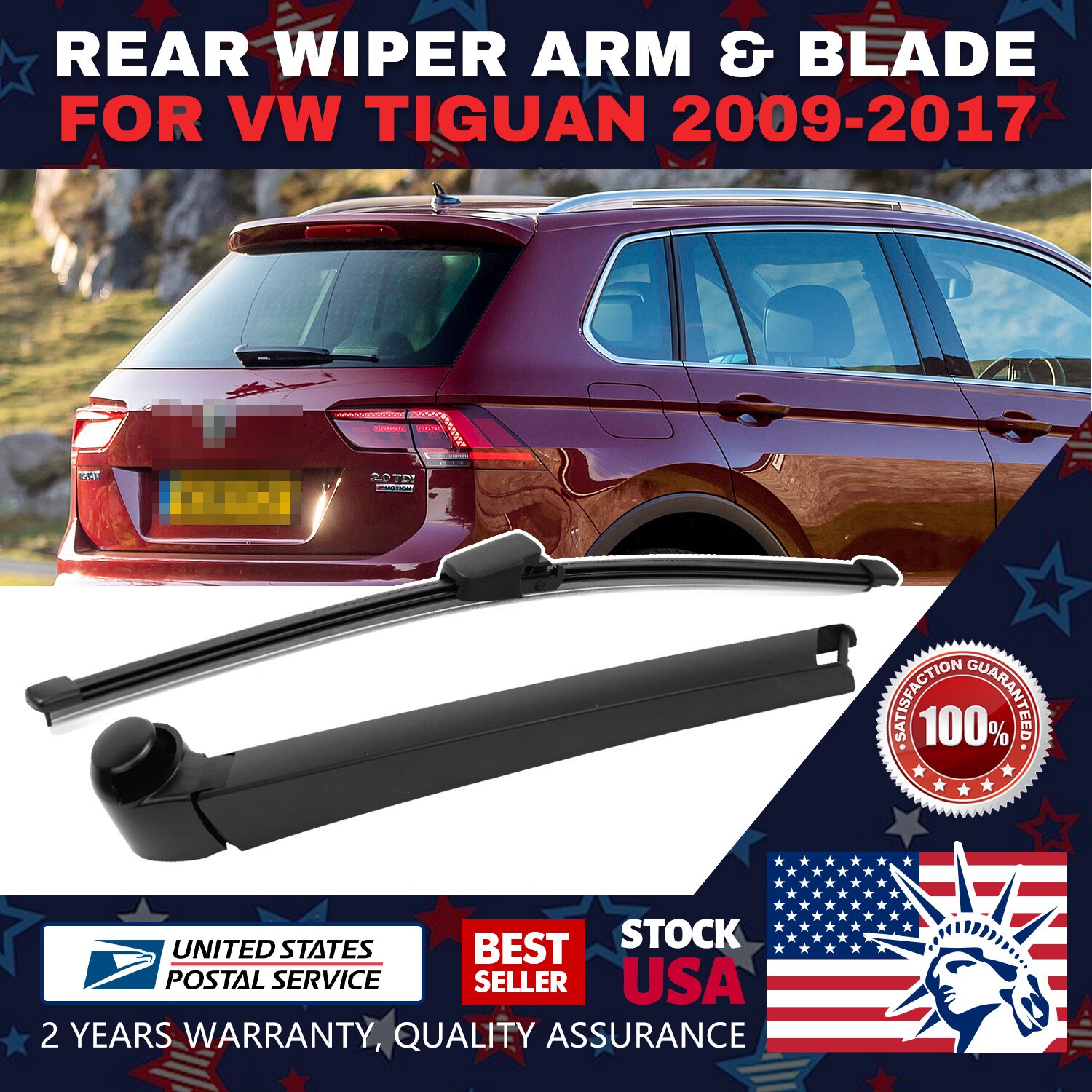 Waterproof 12-13 Inch Rear Windshield Wiper Arm Blade OEM Replacement Set