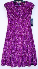 Chaps by Ralph Lauren V Neck Pleated Empire Jersey Purple Dot Dress Misses XS 2