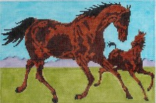 Mother Horse and Foal Hand Painted Needlepoint Canvas