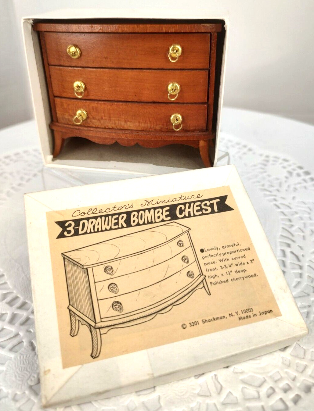 VTG Shackman Mini Dollhouse Handcrafted Cherrywood 3 Drawer Bombe Chest Dresser