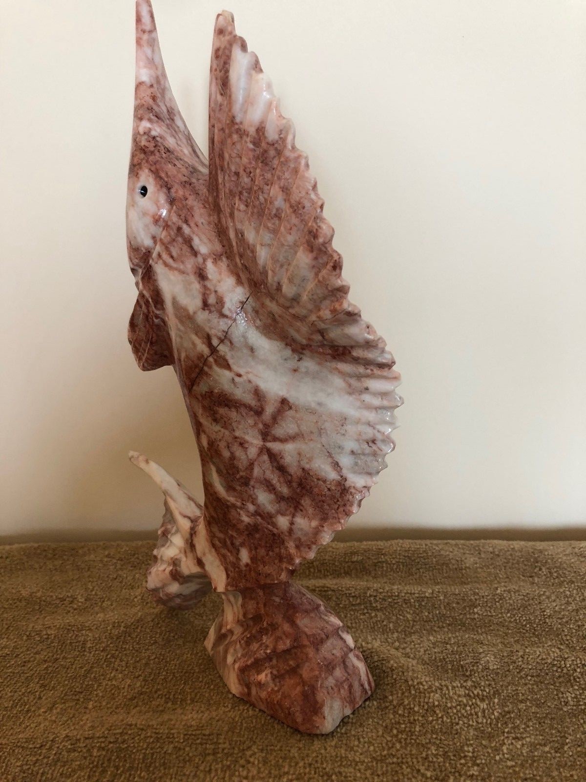 MARBLE SWORDFISH FIGURINE HAND CARVED PINK with WHITE & GRAY 10" HIGH