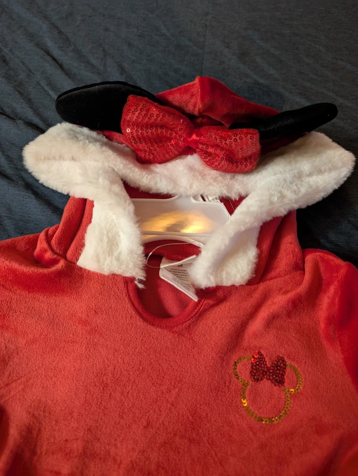 NUEVO Vestido de Navidad Disney Girs 6x Rojo Blanco Con Capucha Minnie Mouse Borde de Piel de Papá Noel Foto 2 de 4