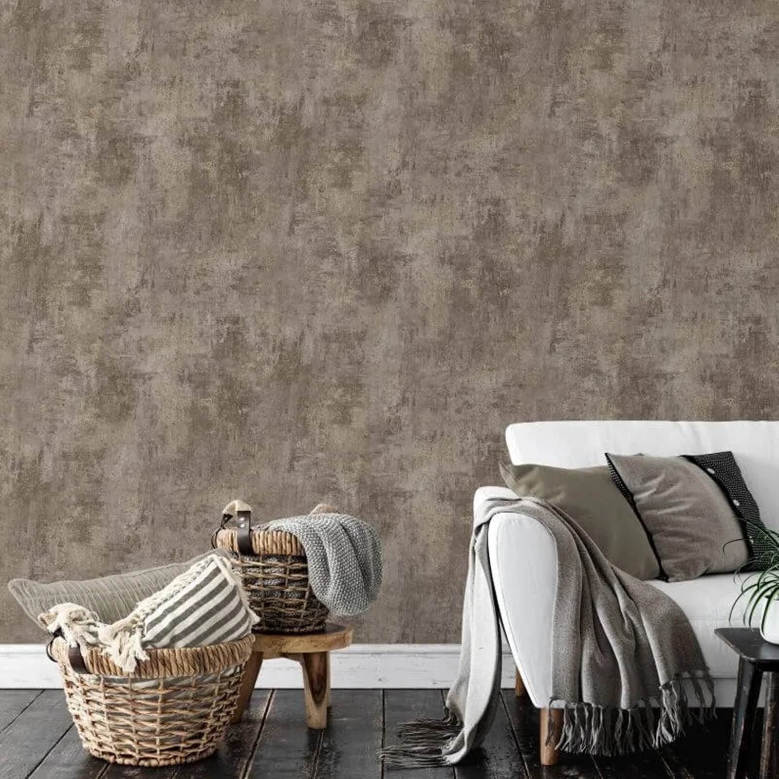 Chocolate Concrete Effect Wallpaper Brown Distressed Cove Texture Metallic Gold