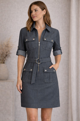 Sharagano soft denim smart zip belt collar navy dress size 8 UK (4US)