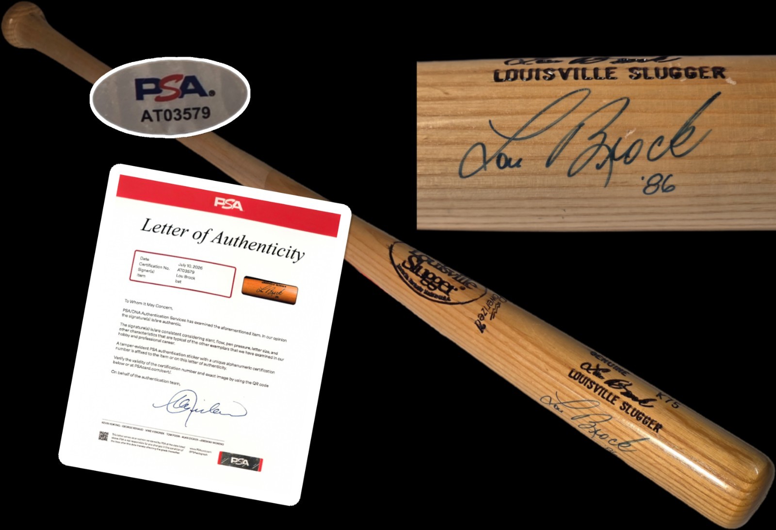 Lou Brock Signed Louisville Slugger Bat Inscribed 86 HOF Cardinals PSA LOA