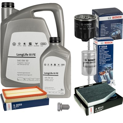 BOSCH Inspektionspaket 6 L VW Motoröl 0W-30 Longlife III FE für Golf Plus 1.4