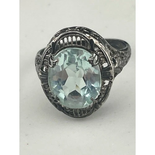 Vintage Sterling Silver Filigree Ring Large Oval Aqua Glass Stone Art Deco Style