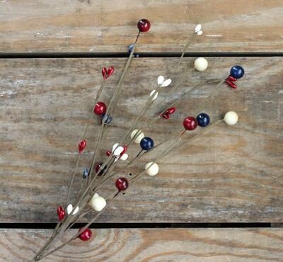Berry Floral Picks Set of 3 Patriotic Navy Burgundy Ivory Berry Sprays 12 inch