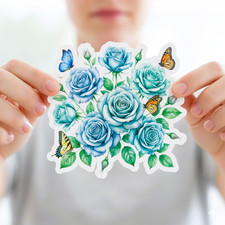 Blue Rose Butterfly Sticker Watercolor Floral Botanical Vinyl Decal