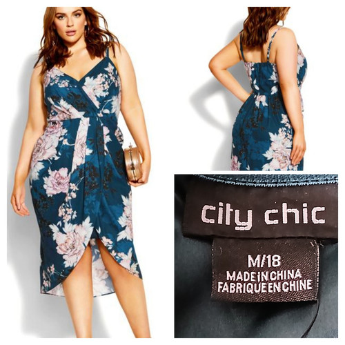 City Chic Dress Plus Size 18 Jade Bloom Blossom Midi Faux Wrap Lined Teal NWT