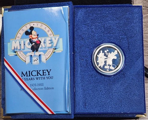 Proof Silver 1988 Disney 60th Anniversary 1928-1988 Mickey 1 oz w/ Box & COA