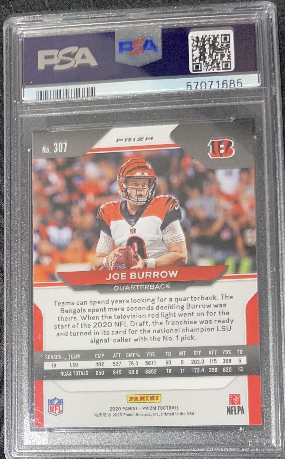 2020 PANINI PRIZM SILVER PRIZM #307 JOE BURROW ROOKIE RC PSA 9 view 2