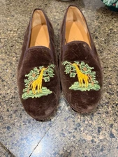 Stubbs & Wootton brown velvet embroidered giraffe loafers women's 9