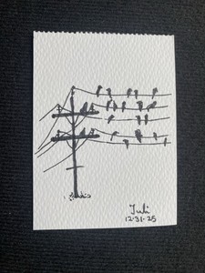 ACEO Original Art, Tiny Art, ATC Card Ink Sketch Signed Crows On Electric Wire