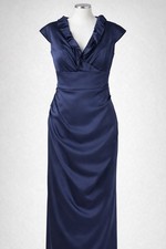Xscape Blue Satin Sheath Midi Dress Ruffle V-Neck Cap Sleeve Lined Women 14