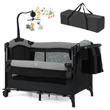 4-in-1 Baby Crib w/Adjustable Height Soft Mattress Portable Pack Play with Music