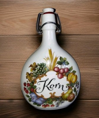 Vintage Bavarian KORN Bottle W/ Stopper White Floral Fruit Rosler Cottage Decor