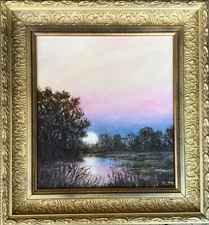 SUPER MOON RISING  - original framed oil landscape painting by K. McDermott