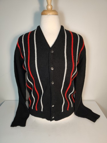Vtg 60s Cardigan Black Stripe Sweater Medium Rockabilly Grunge Indie