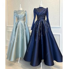 Navy Satin Beading Long Sleeve Muslim Evening Dresses High Neck Party Ball Gowns