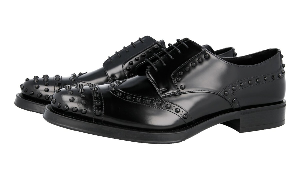 PRADA Leather Derby Studded RUNWAY Dress Shoes - Black - NEW 