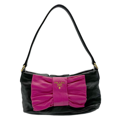 Auth PRADA Ribbon Shoulder Handbag Black/Magenta Leather/Goldtone - z0637 - Picture 1 of 12