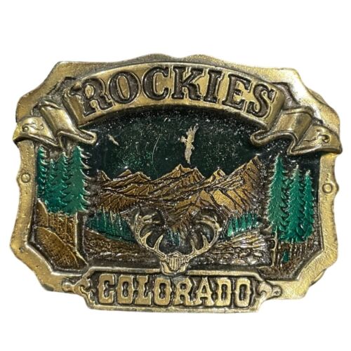 Vtg 80s Rockies Colorado Colorful Brass Belt Buck… - image 1