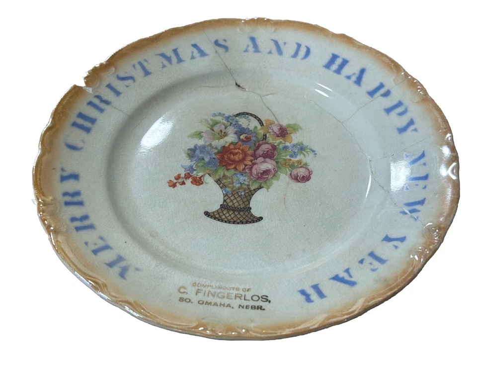 Antiguo plato publicitario de comestibles South Omaha Nebraska 1900 Navidad Año Nuevo NB Foto 3 de 3