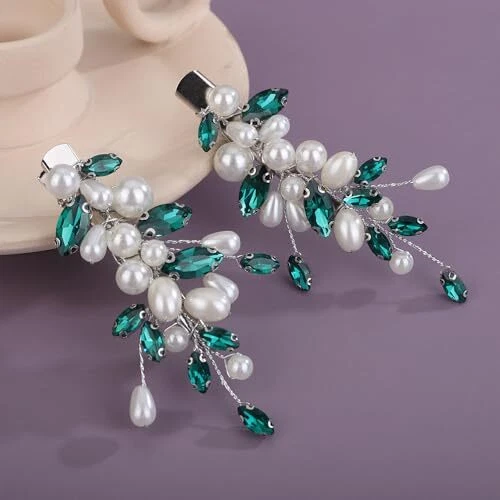 2Pcs Pearl Wedding Hair Clips Green Crystal Hair Barrette Rhinestone Pearl - Image 2 of 4