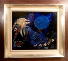 ERLING ANDERSEN! ABSTRACT COMPOSITION WITH FISH. MIXED MEDIA
