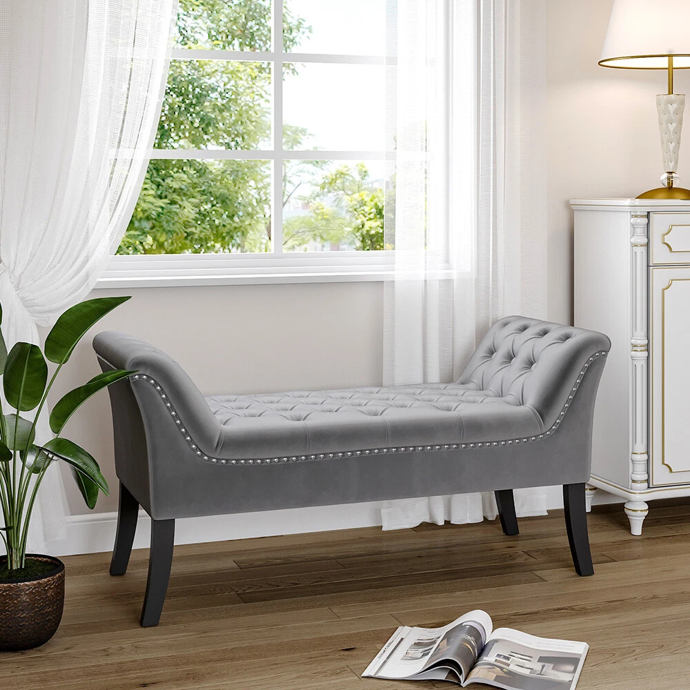 Chesterfield Velvet Window Seat Tufted Button Stool Bench Bed End Footstool Grey
