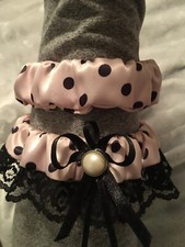 Polka Dot Pink  Black Wedding Garter Set With Black Lace Trim Handmade