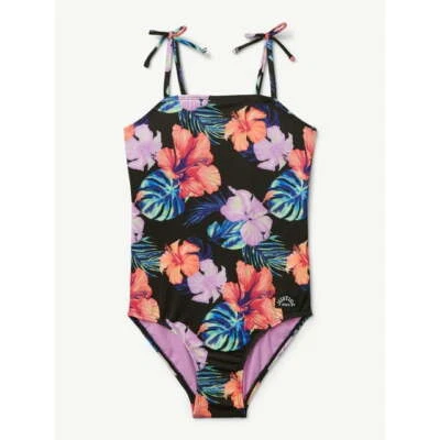 NWT Justice Girls Ribbed One Piece Swimsuit black multi flowers sz.M(10) - Image 1 of 4