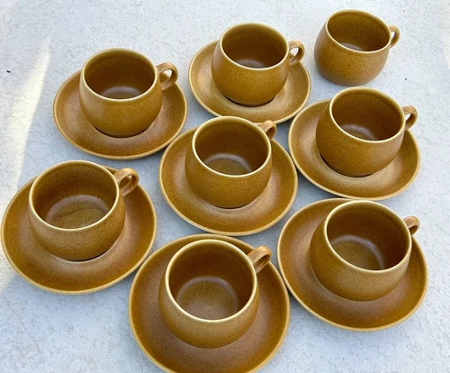 Vtg Denby English Brown Rams Head Stoneware Cups & Saucers Set of 7 & Extra Mug