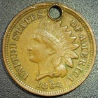 XF Holed 1864 1C Indian Head Cent Bronze
