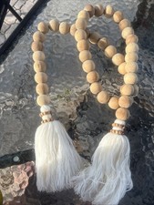Rustic Boho Wooden Beaded Garland With Tassels For Home Decor White Wash Effect
