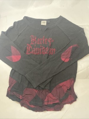 Vtg L Harley Davidson Shirt Womens Medium Black Waffle Plaid Knit Grunge Logo
