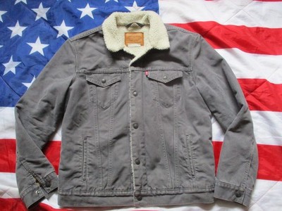 LEVI LEVIS Premium Trucker Sherpa JACKE MANTEL Grau Canvas Denim Big E LARGE L