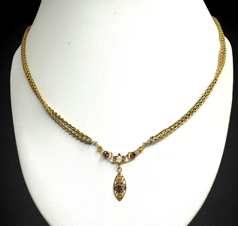 Antique 10K Gold Paste Glass Pendant on Goldtone Chain Necklace For Repair - Image 2 of 4